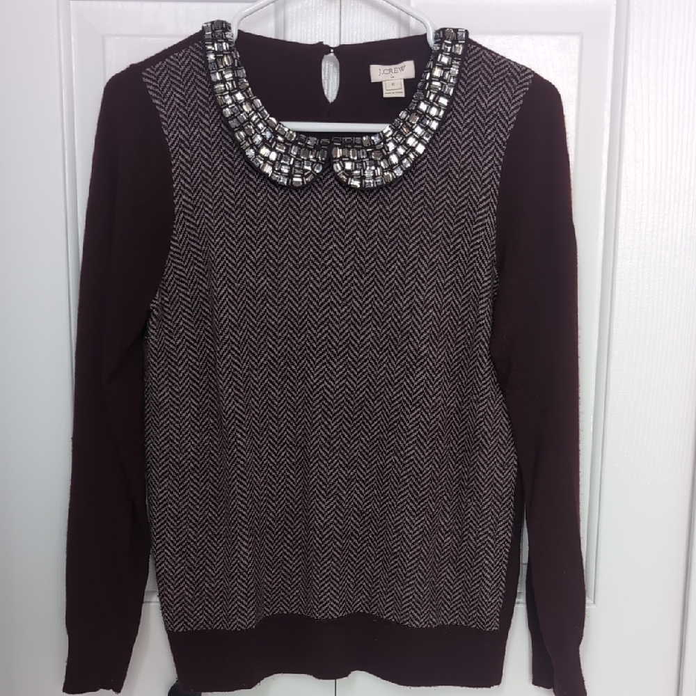 J. Crew Factory Jewel Collar Burgundy Herringbone Sweater